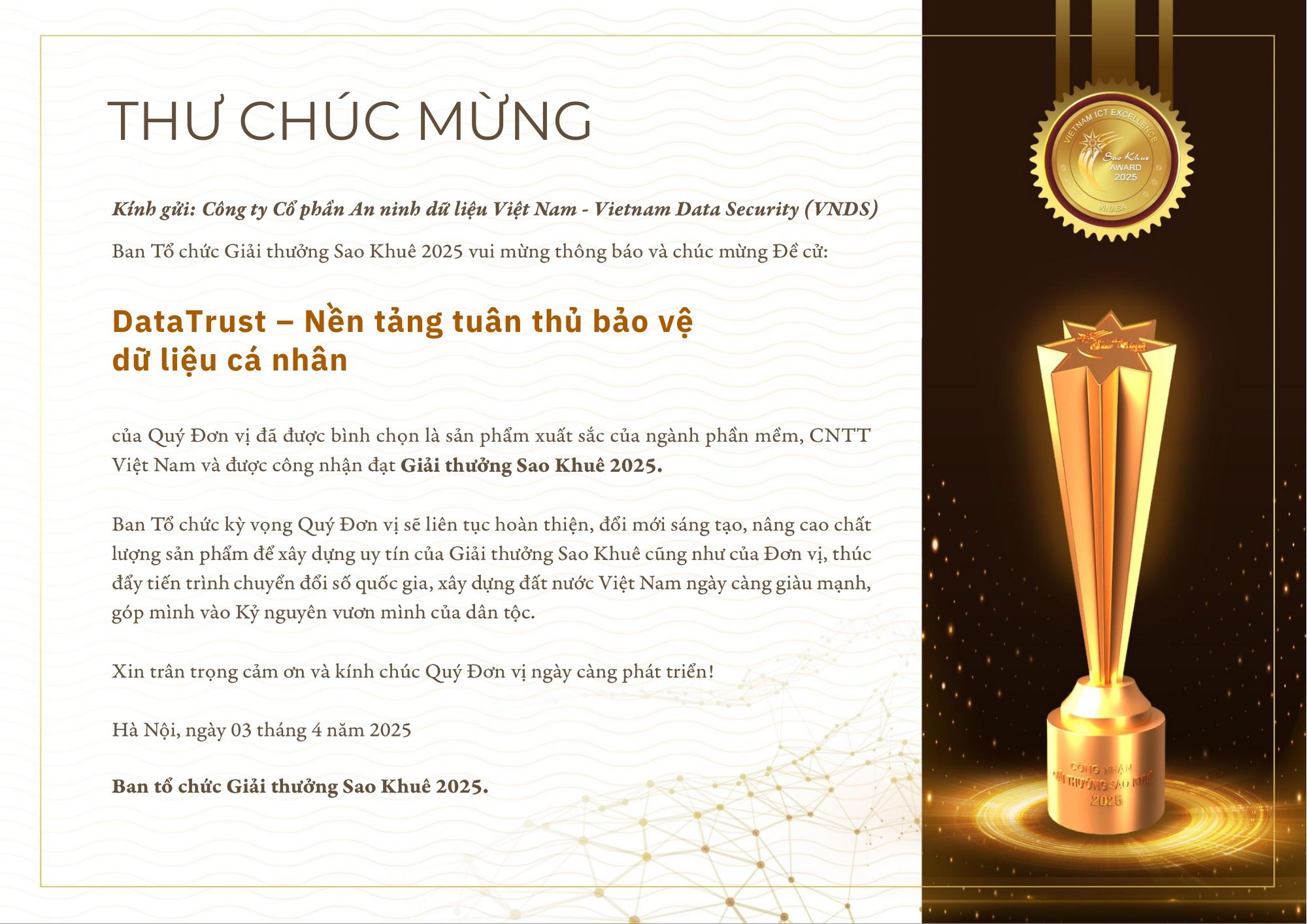 Nền tảng DataTrust được vinh danh tại Sao Khuê 2025
